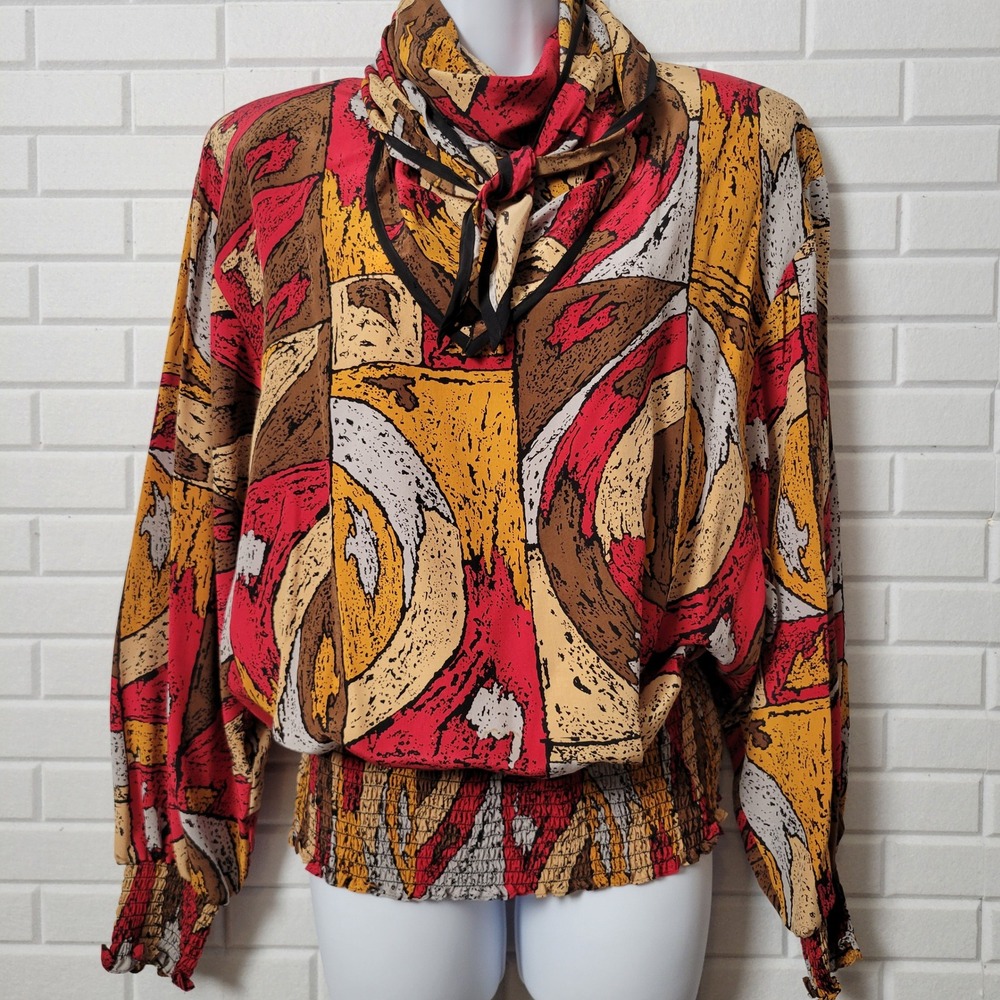 Vintage 1980s Julie Francis Silk Geometric Blouse w/ Scarf 12 Smocking
